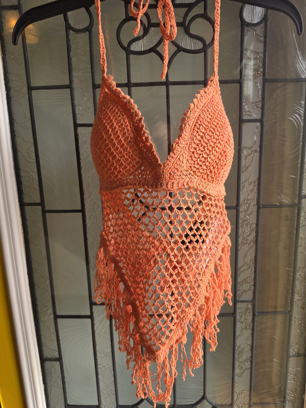 Arden B Orange Crochet Fringe Halter Camisole
